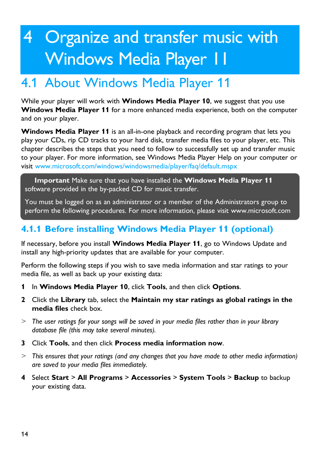 Philips SA4127, SA4126, SA4146, SA4147 manual About Windows Media Player 