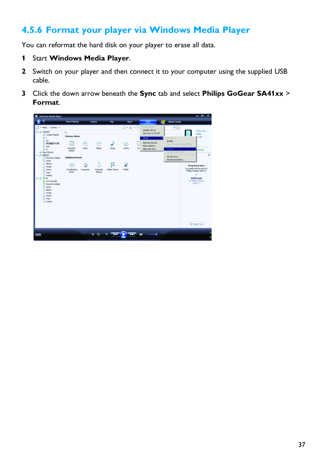 Philips SA4146, SA4126, SA4127, SA4147 manual Format your player via Windows Media Player 
