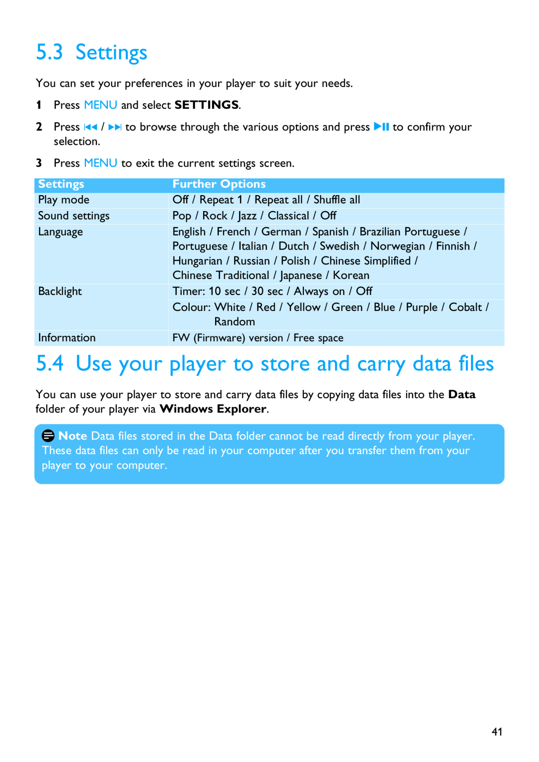 Philips SA4146, SA4126, SA4127, SA4147 manual Settings, Use your player to store and carry data files, Further Options 