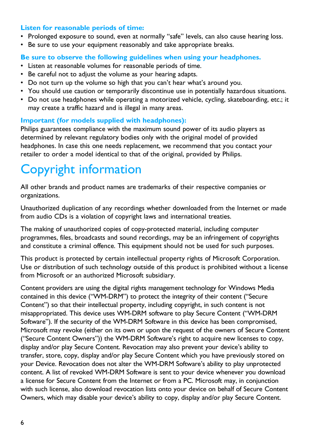 Philips SA4127 Copyright information, Listen for reasonable periods of time, Important for models supplied with headphones 