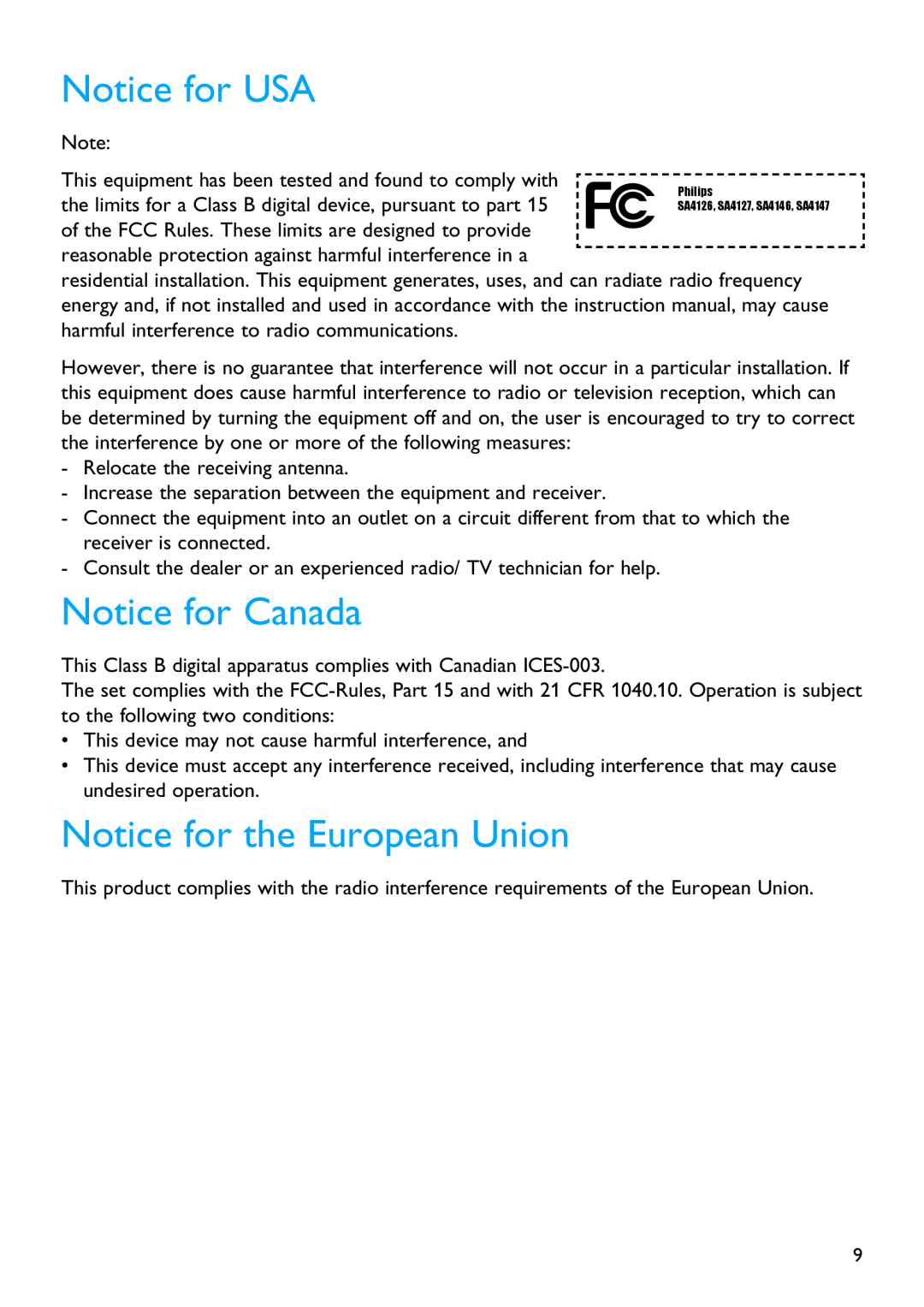 Philips SA4146, SA4126, SA4127, SA4147 manual Notice for USA, Notice for Canada, Notice for the European Union 
