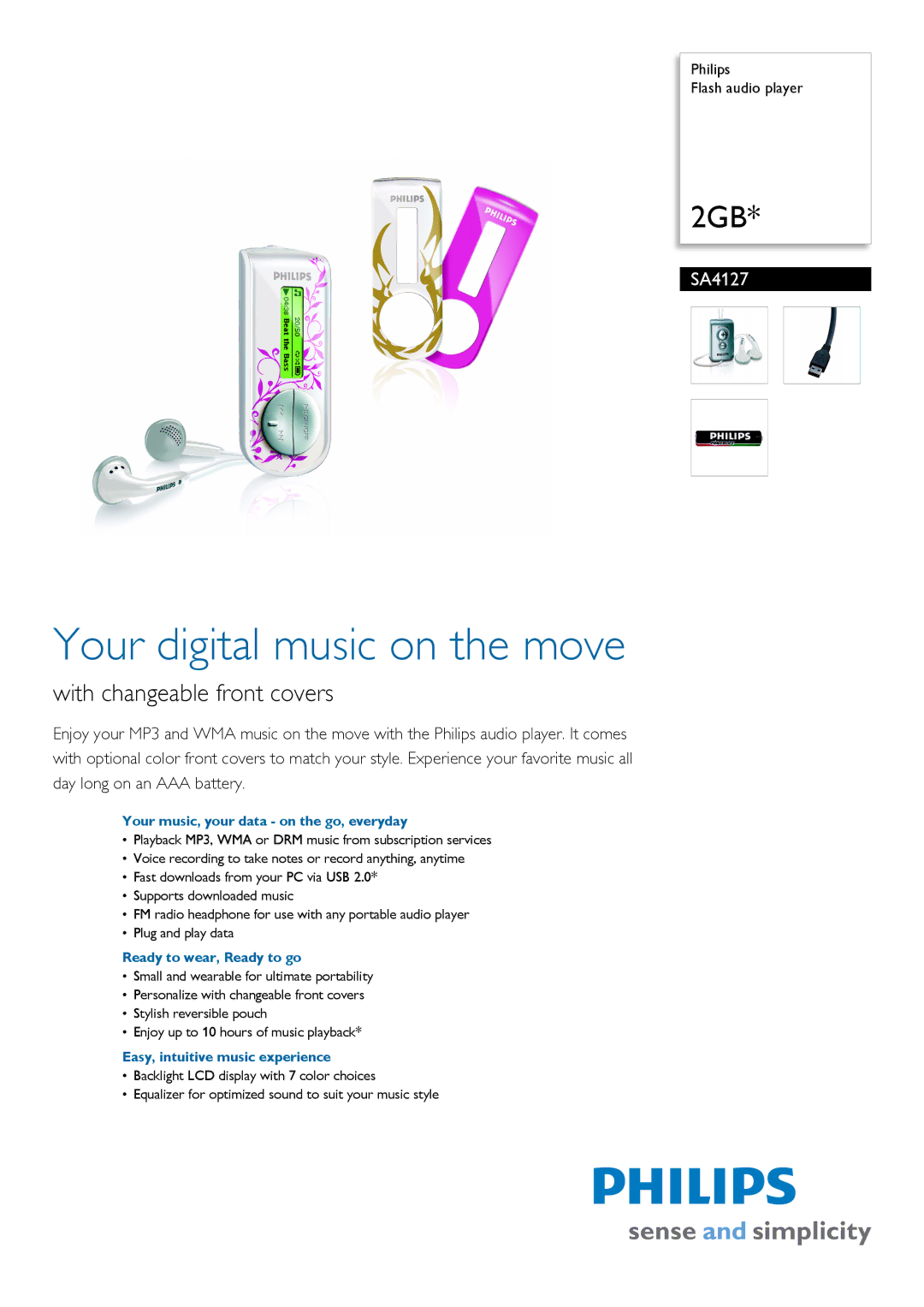 Philips SA4127/02 manual Your music, your data on the go, everyday, Ready to wear, Ready to go 