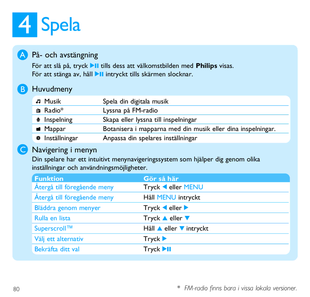 Philips SA4310 Spela, På- och avstängning, Huvudmeny, Navigering i menyn, Inställningar Anpassa din spelares inställningar 