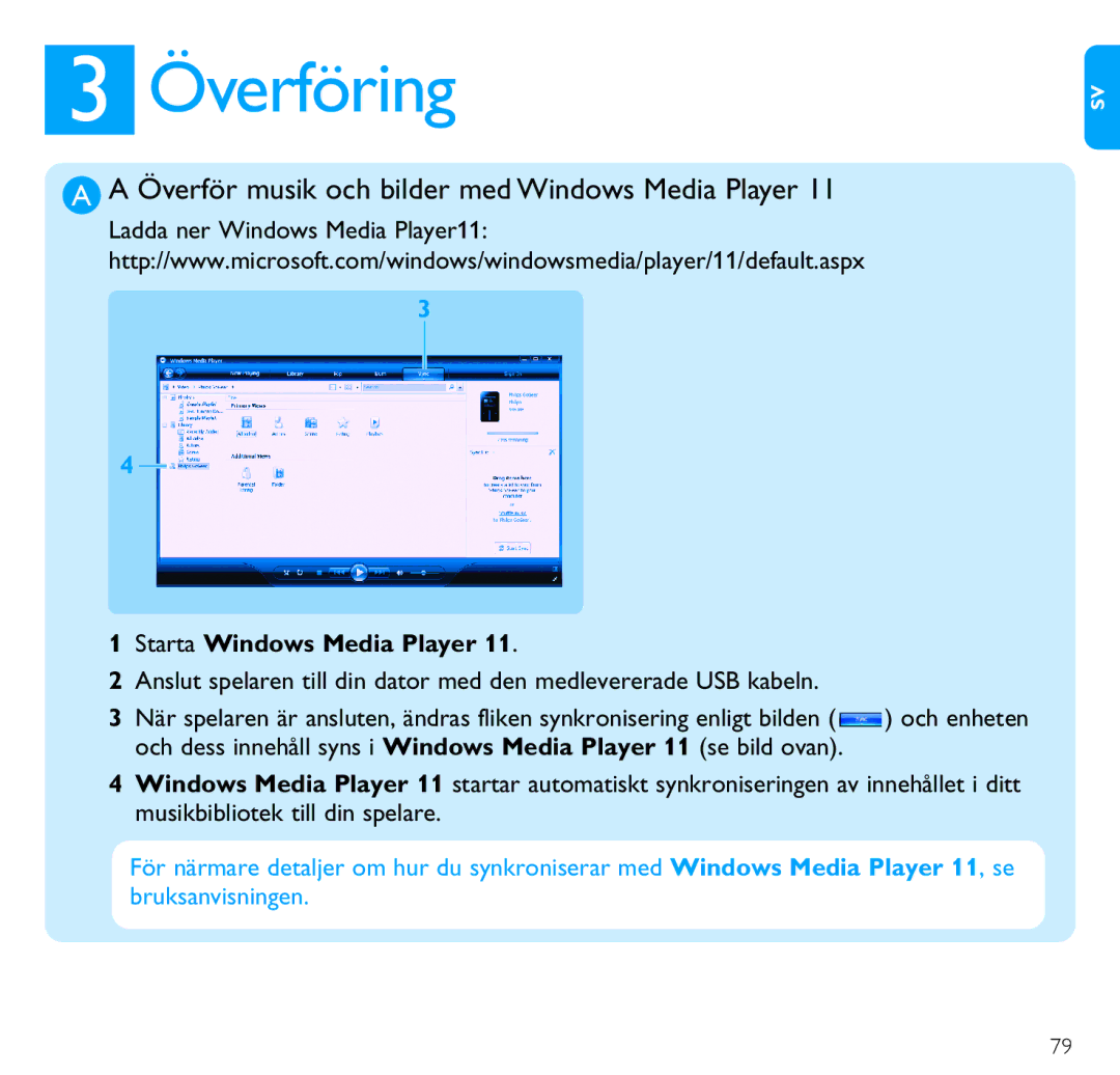 Philips SA4310 manual Överföring, Överför musik och bilder med Windows Media Player 