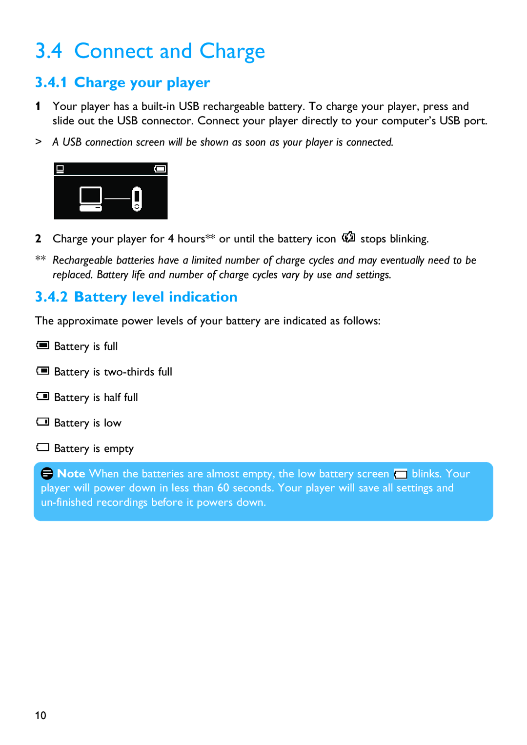 Philips SA4310 manual Connect and Charge, Charge your player, Battery level indication 