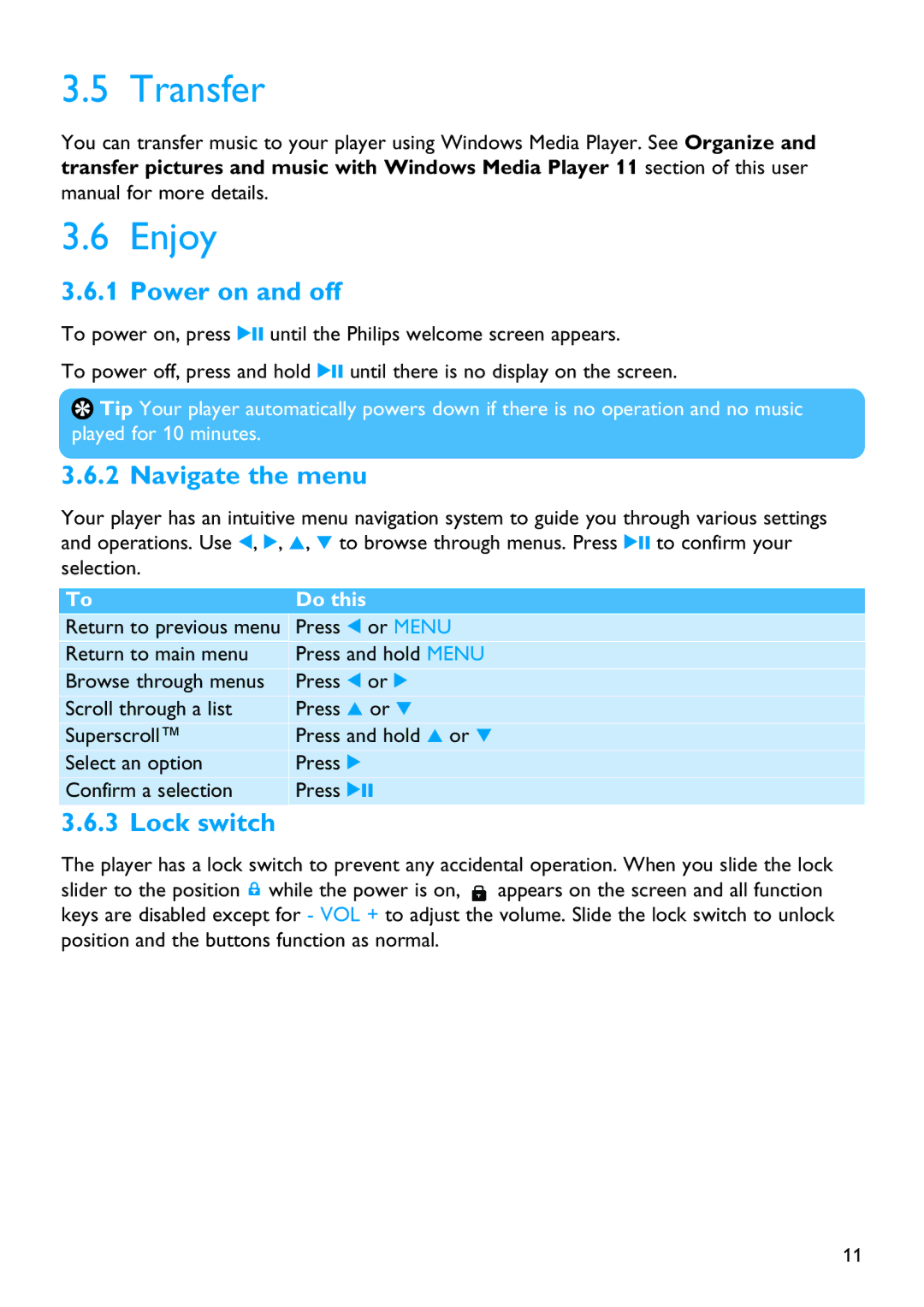 Philips SA4310 manual Transfer Enjoy, Power on and off, Navigate the menu, Lock switch, Press 1 or Menu 