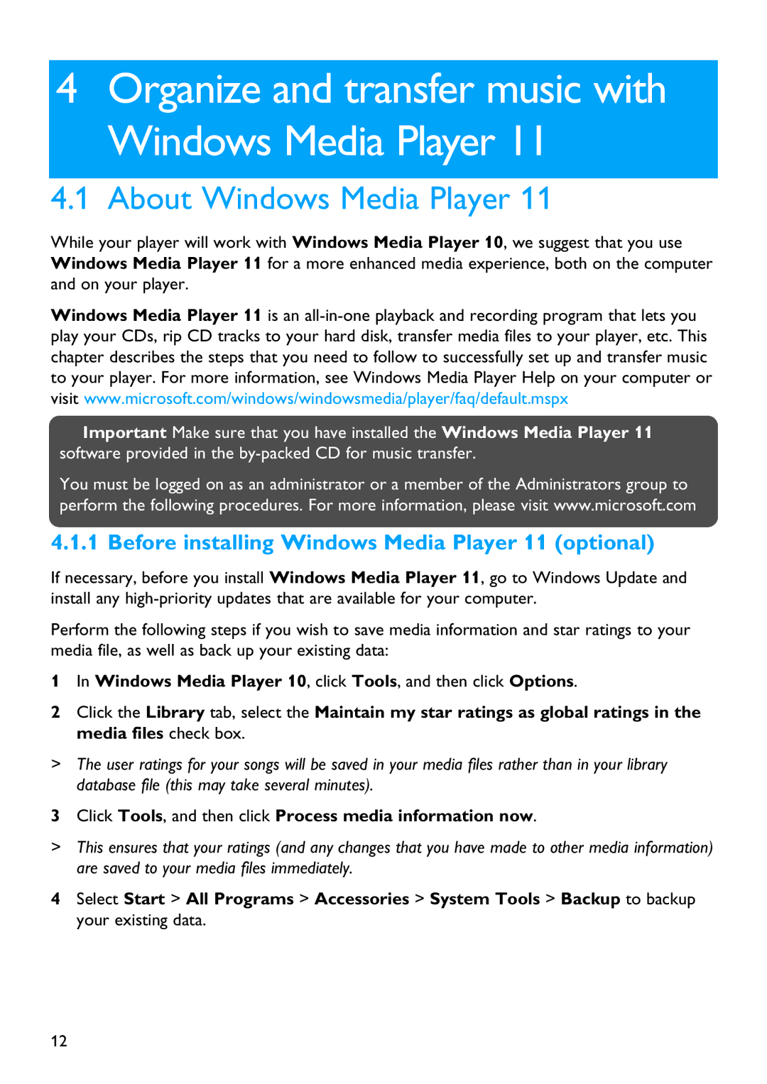 Philips SA4310 manual About Windows Media Player, Before installing Windows Media Player 11 optional 