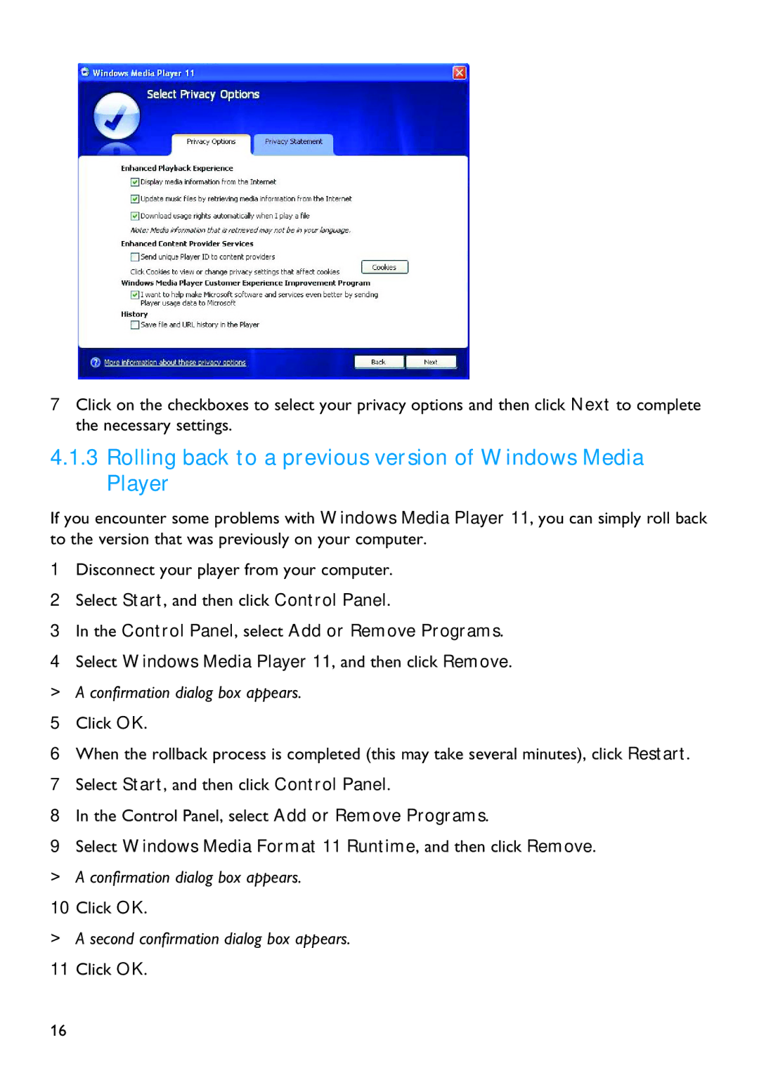 Philips SA4310 manual Rolling back to a previous version of Windows Media Player, Click OK 