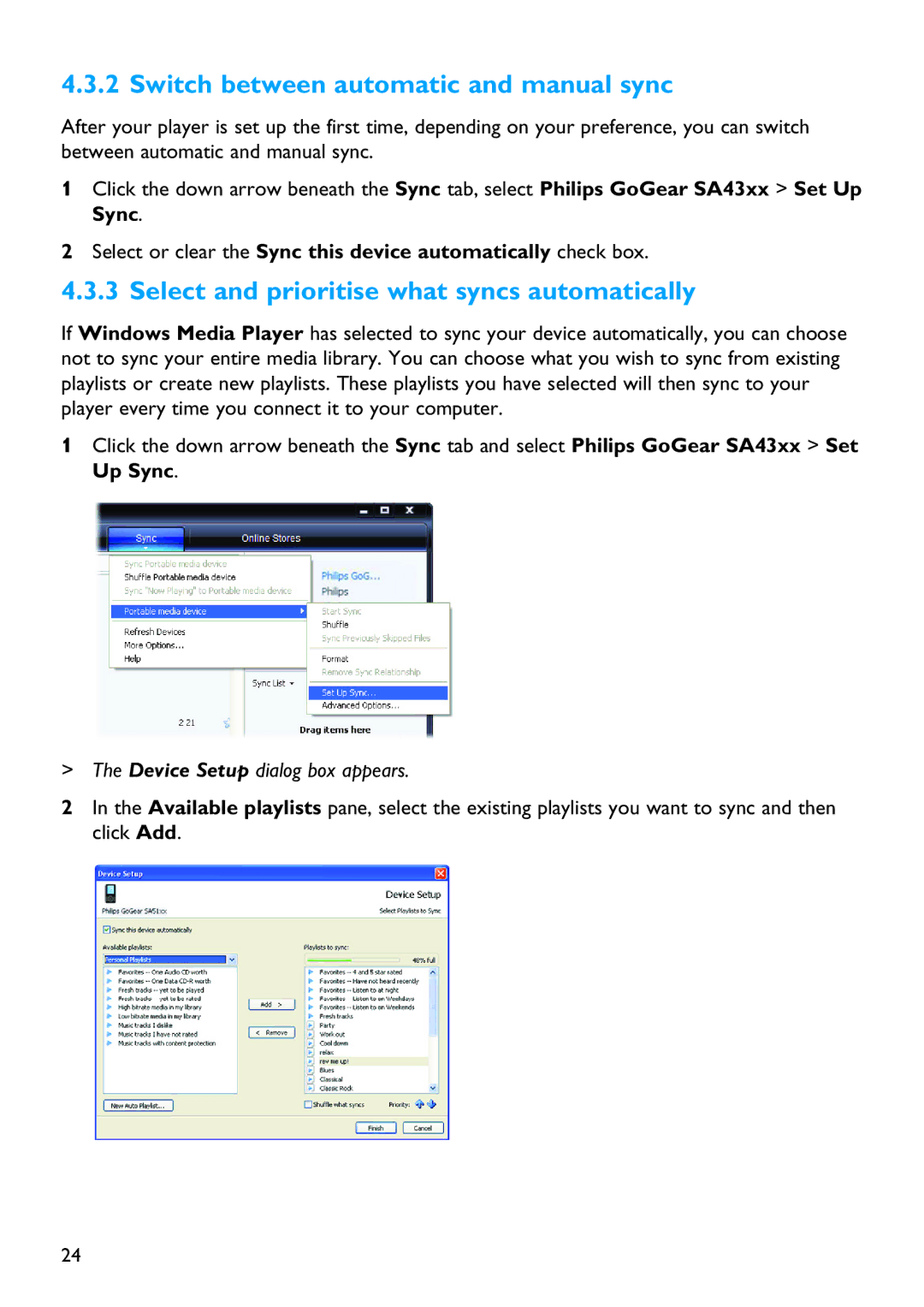 Philips SA4310 Switch between automatic and manual sync, Select and prioritise what syncs automatically 