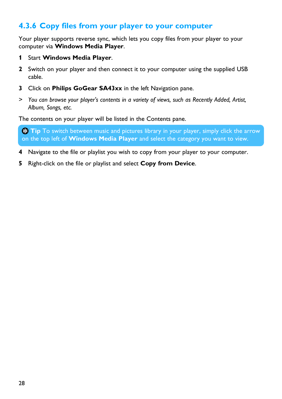 Philips SA4310 Copy files from your player to your computer, Contents on your player will be listed in the Contents pane 