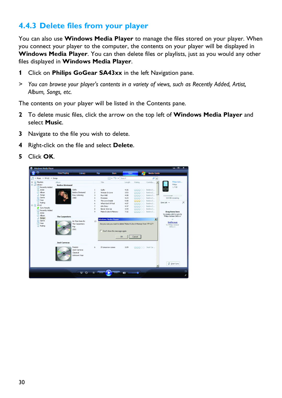 Philips SA4310 manual Delete files from your player 