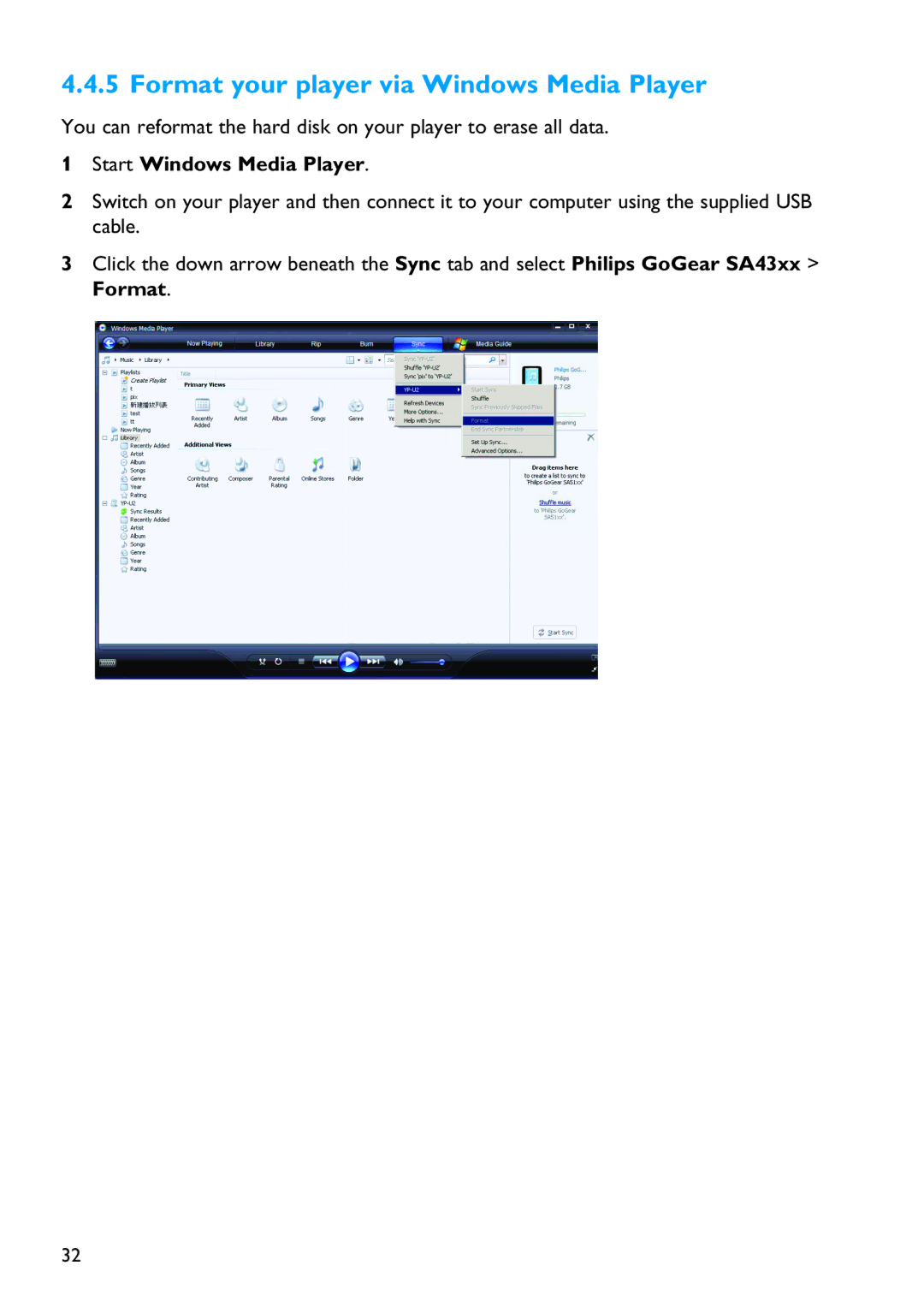 Philips SA4310 manual Format your player via Windows Media Player 