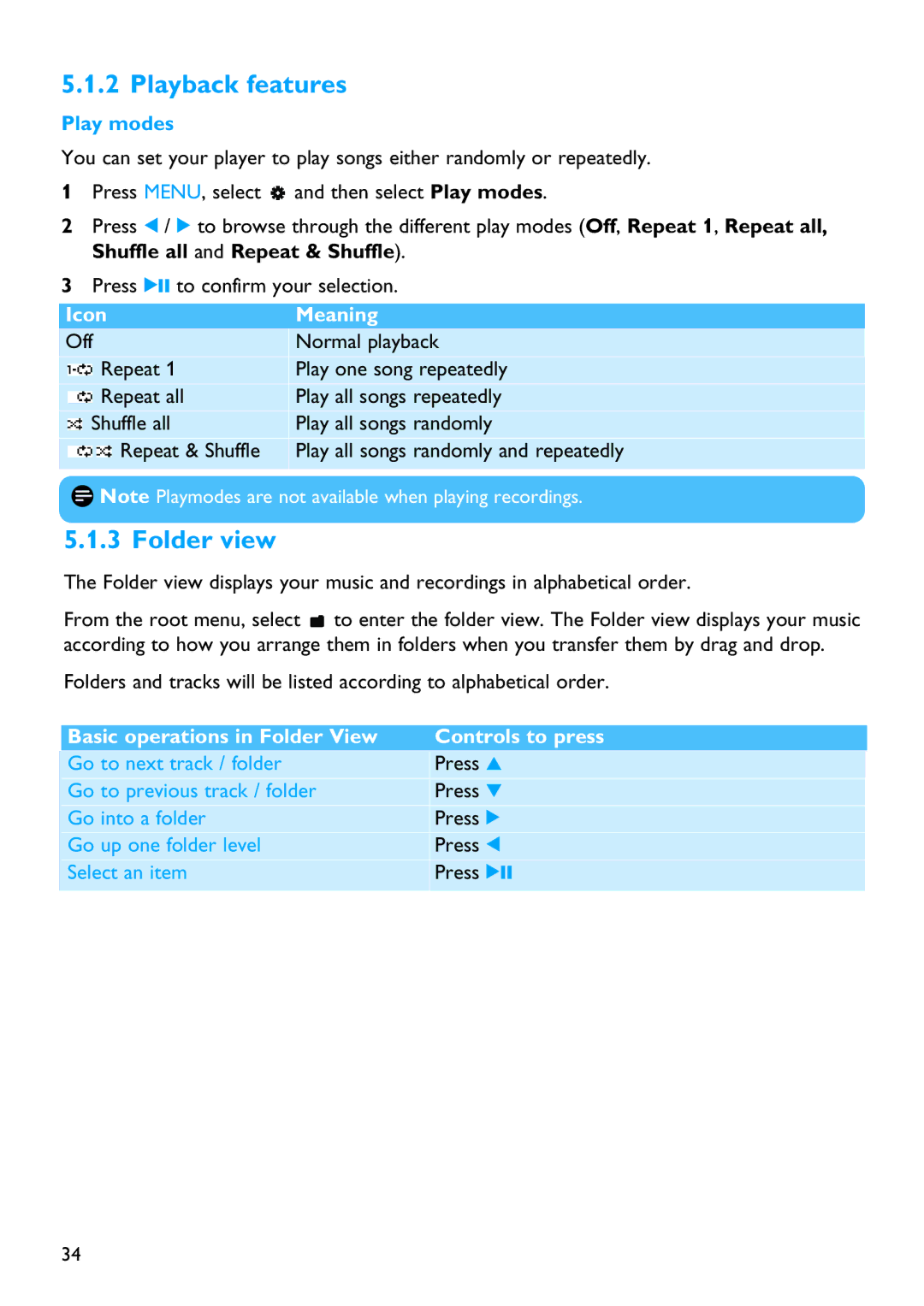 Philips SA4310 manual Playback features, Folder view, Play modes 