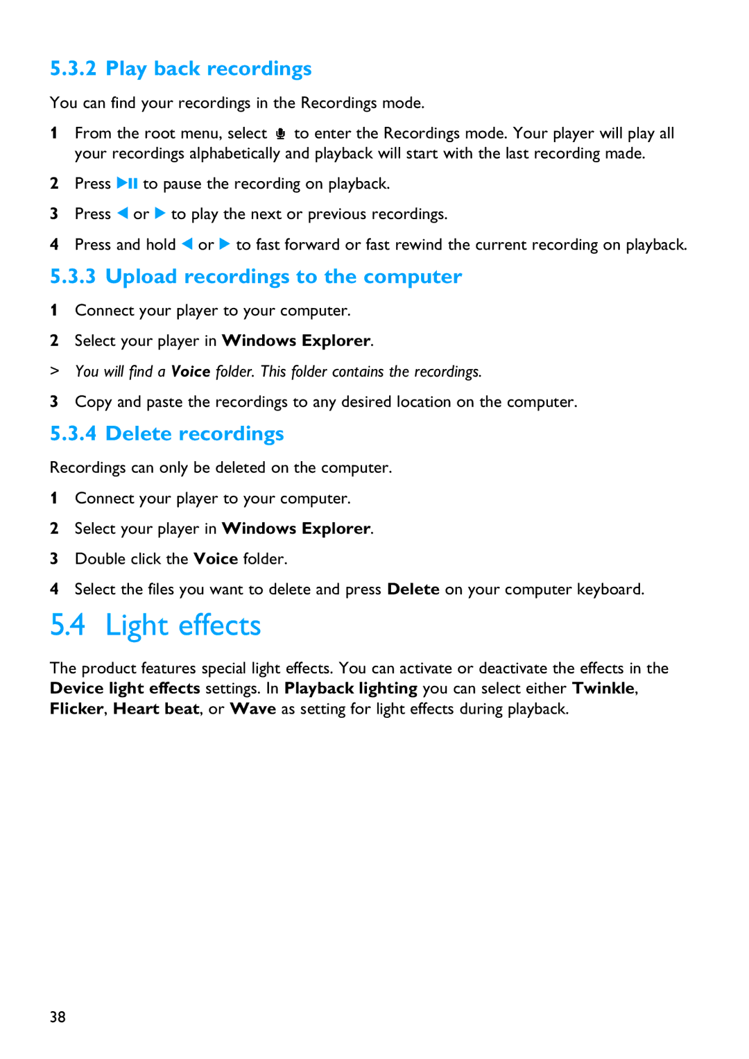 Philips SA4310 manual Light effects, Play back recordings, Upload recordings to the computer, Delete recordings 