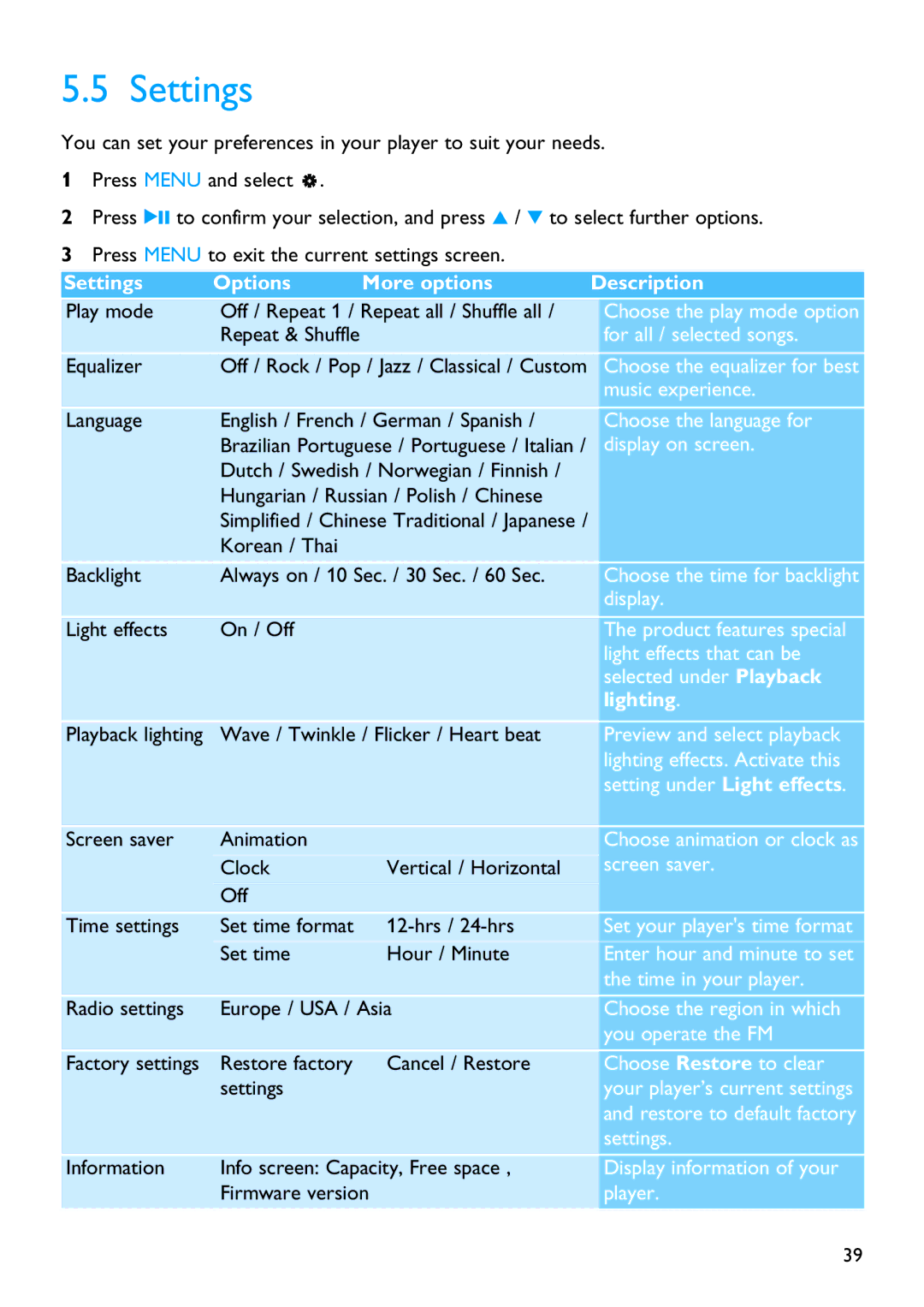 Philips SA4310 manual Settings 