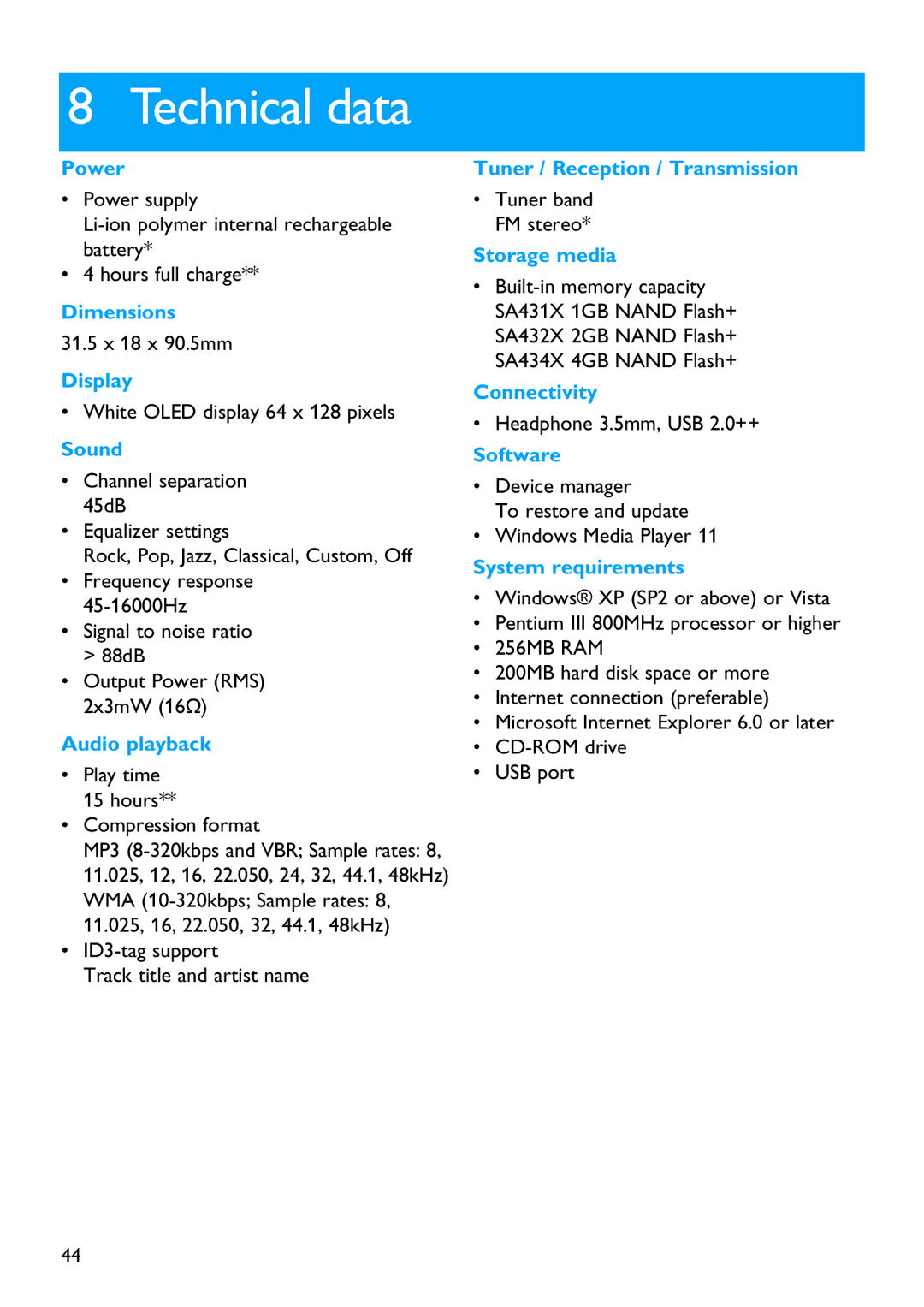 Philips SA4310 manual Technical data 