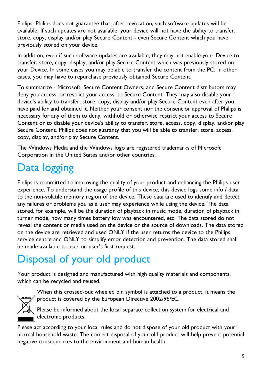 Philips SA4310 manual Data logging, Disposal of your old product 