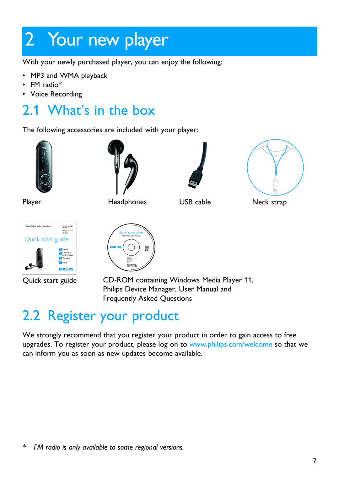 Philips SA4310 manual Your new player, What’s in the box, Register your product, Quick start guide 