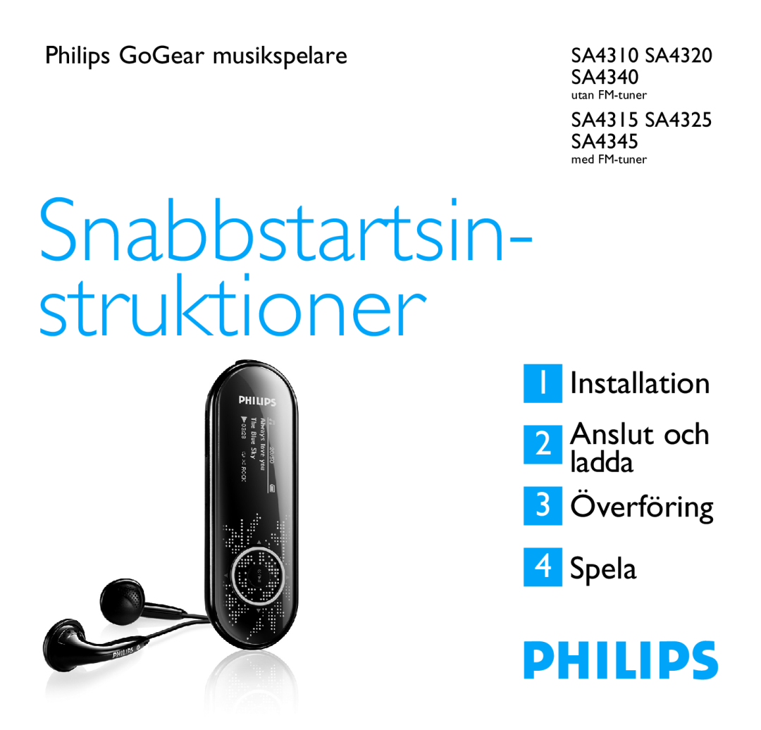 Philips SA4310 manual Philips GoGear musikspelare, Snabbstartsin- struktioner, Installation, 3 Överföring 4 Spela 