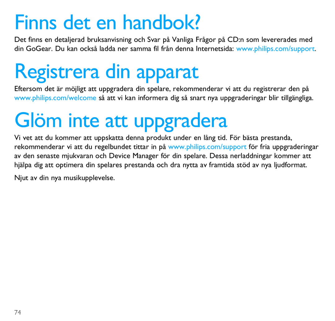 Philips SA4310 Finns det en handbok?, Registrera din apparat, Glöm inte att uppgradera, Njut av din nya musikupplevelse 