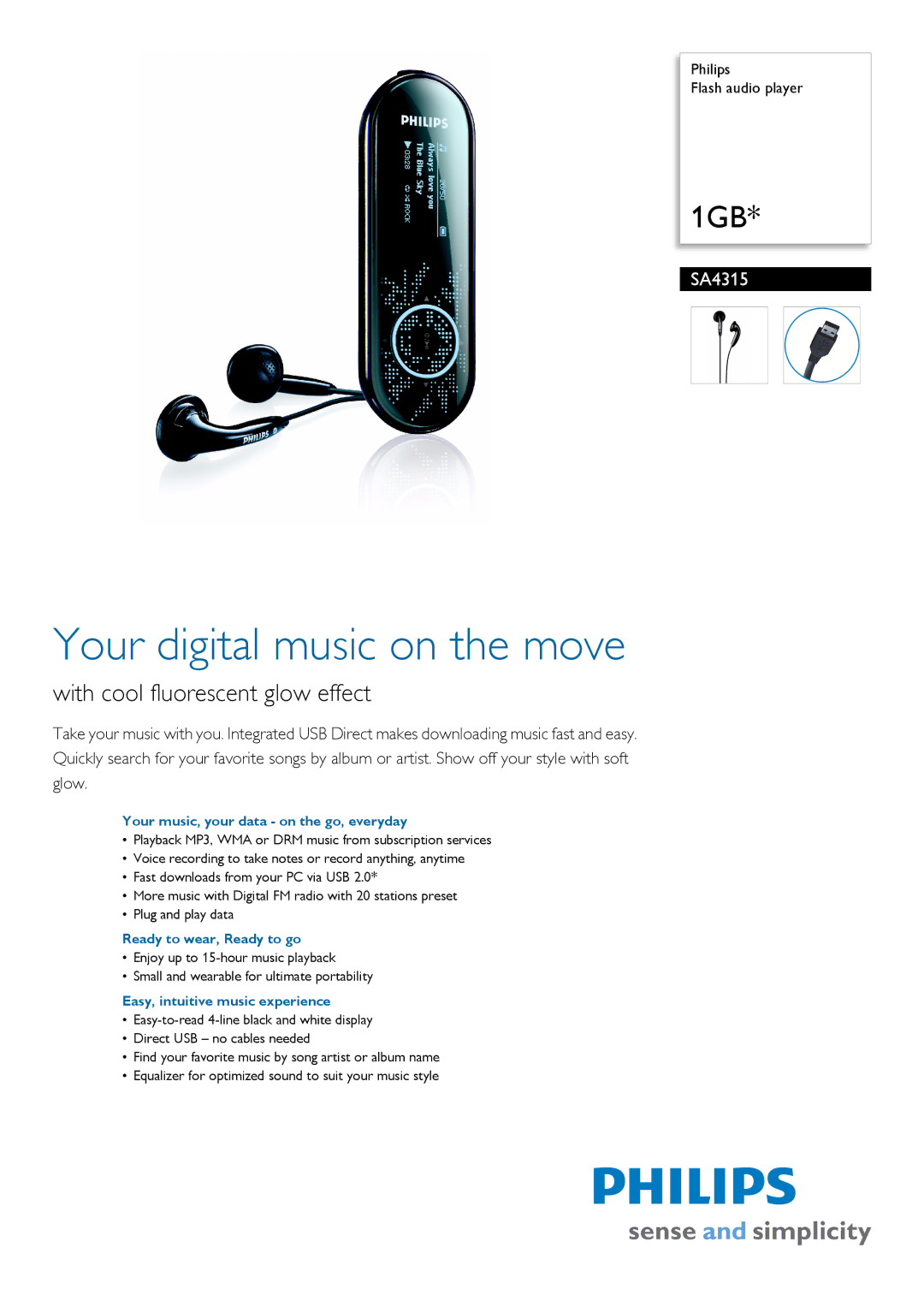 Philips SA4315/97 manual Your music, your data on the go, everyday, Ready to wear, Ready to go 