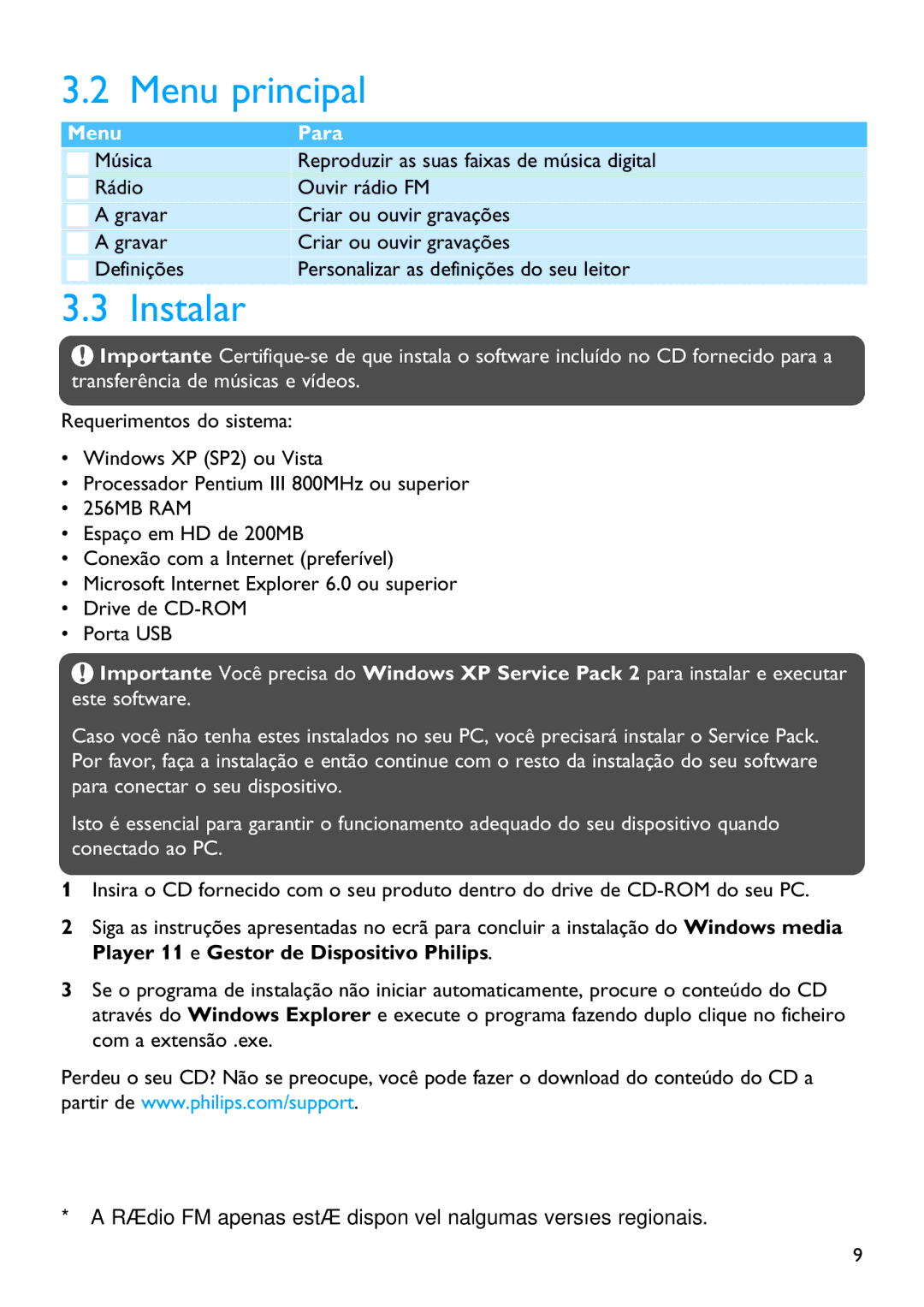 Philips SA4340, SA4345, SA4320, SA4315, SA4325 manual Menu principal, Instalar 