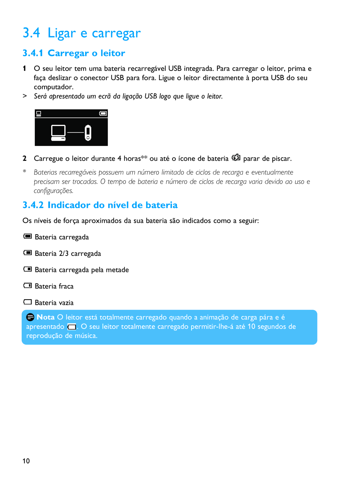 Philips SA4320, SA4345, SA4340, SA4315, SA4325 manual Ligar e carregar, Carregar o leitor, Indicador do nível de bateria 