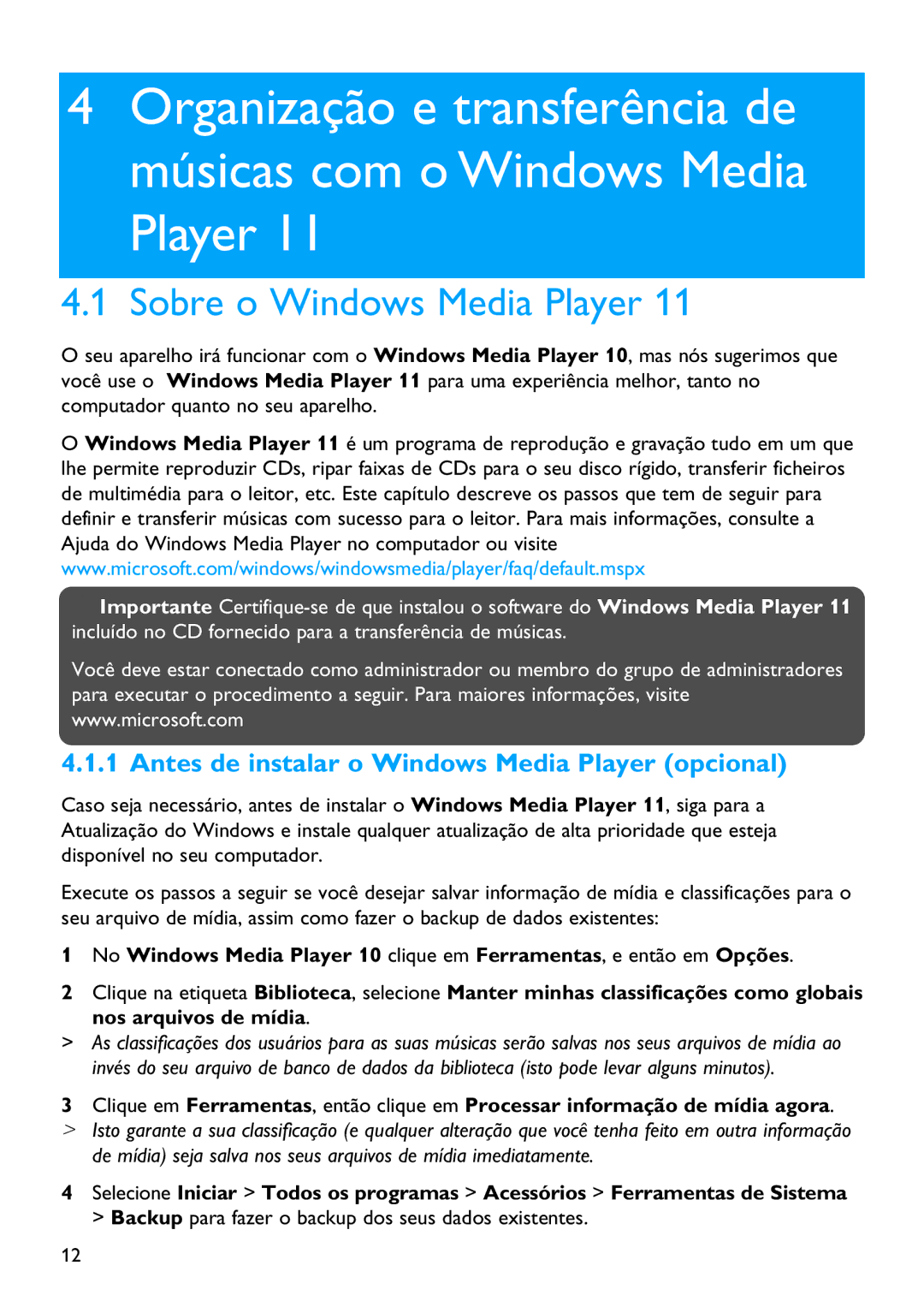 Philips SA4325, SA4345, SA4340, SA4320 manual Sobre o Windows Media Player, Antes de instalar o Windows Media Player opcional 