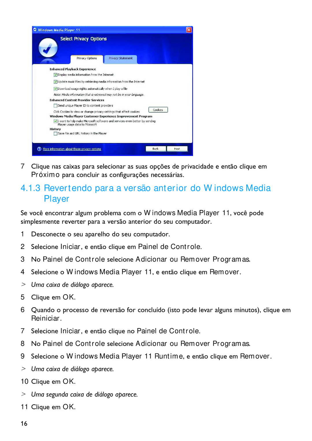 Philips SA4315, SA4345, SA4340, SA4320, SA4325 manual Revertendo para a versão anterior do Windows Media Player, Clique em OK 