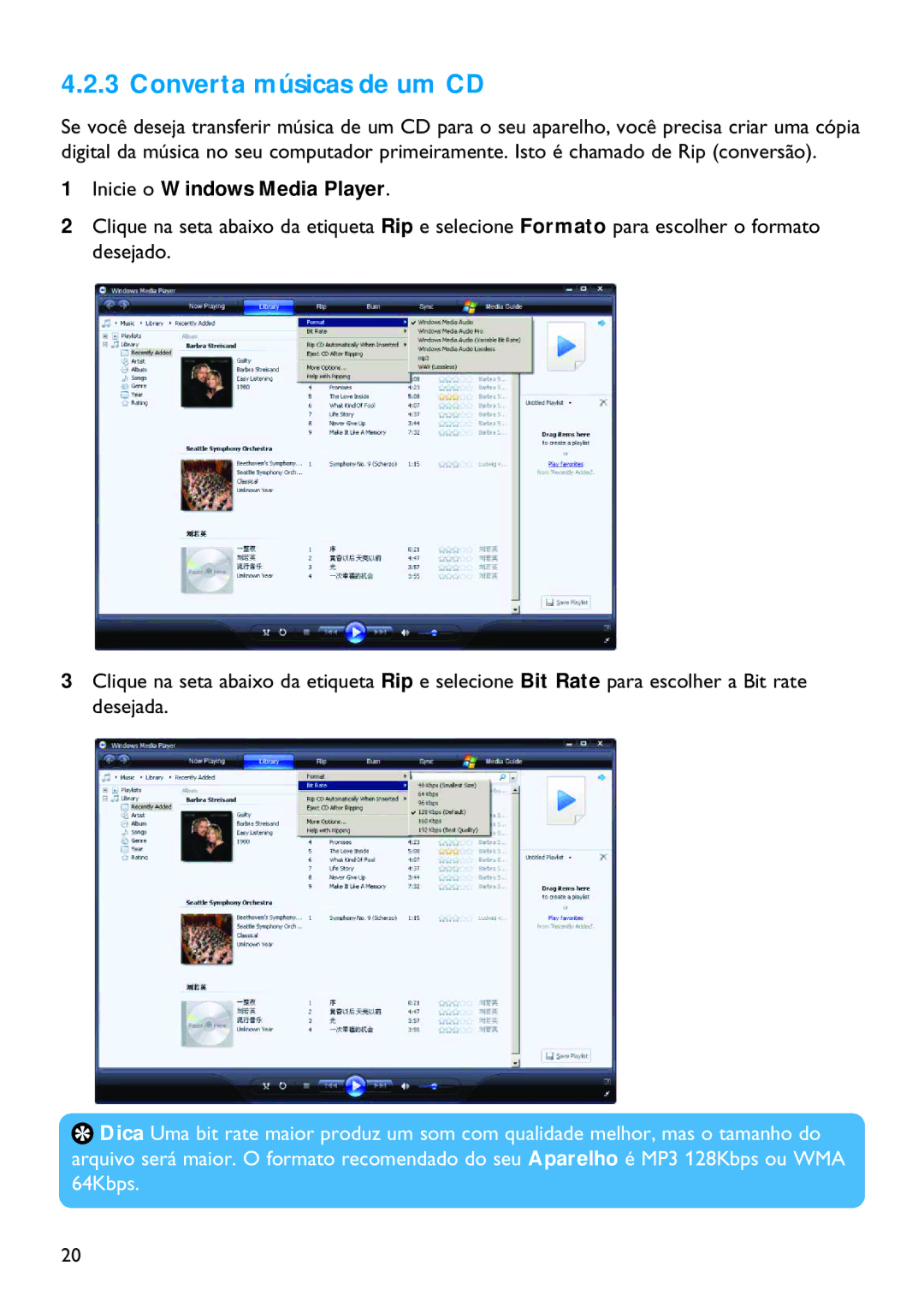 Philips SA4320, SA4345, SA4340, SA4315, SA4325 manual Converta músicas de um CD, Inicie o Windows Media Player 