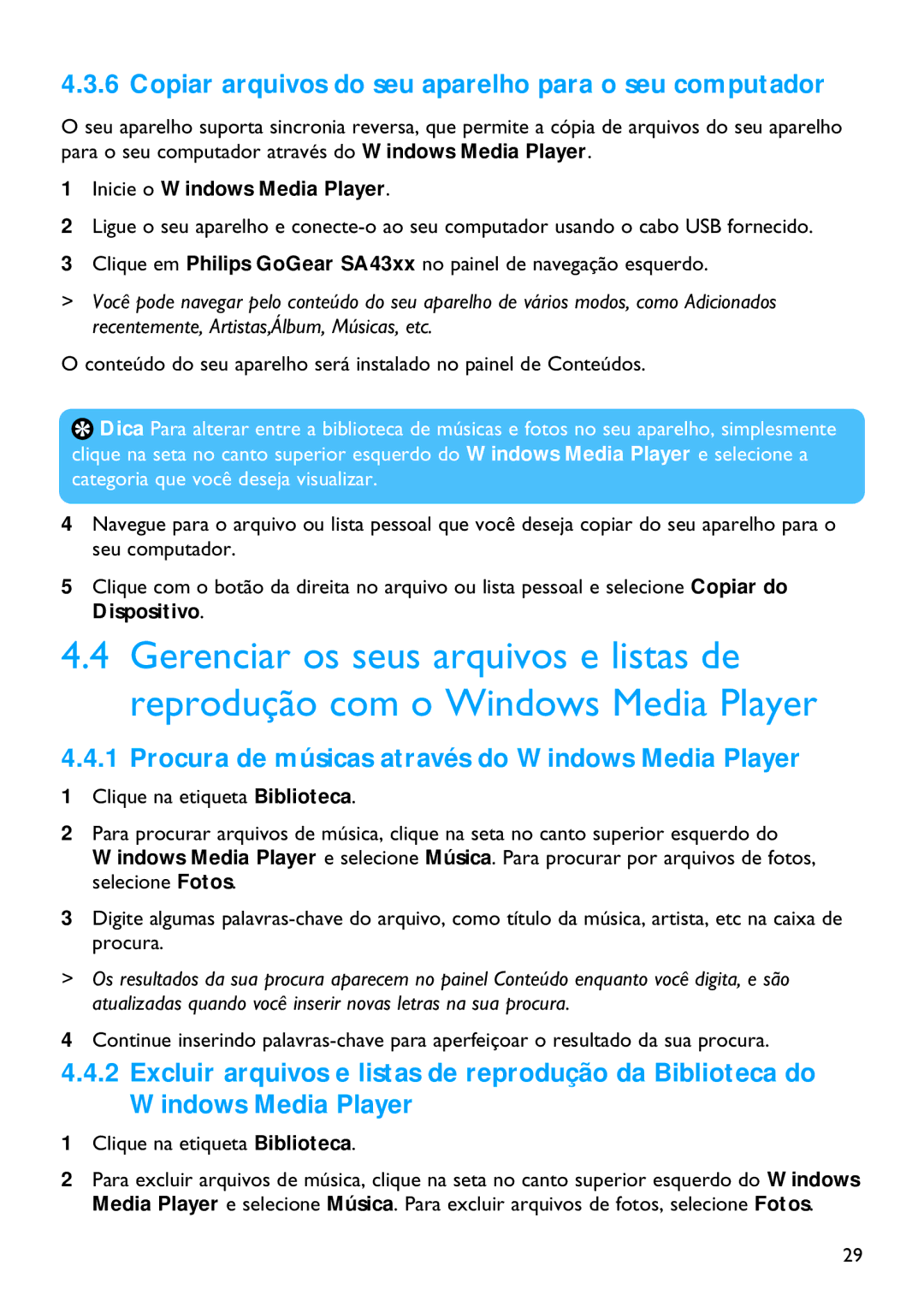 Philips SA4340 Copiar arquivos do seu aparelho para o seu computador, Procura de músicas através do Windows Media Player 