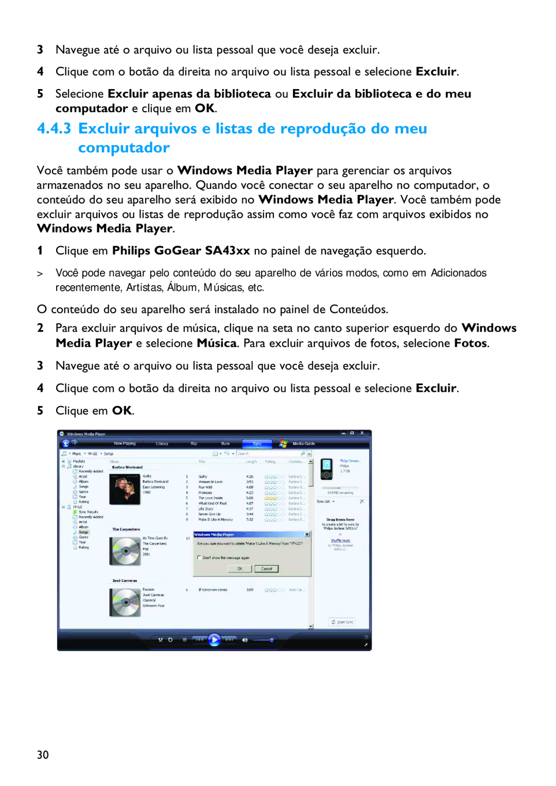 Philips SA4320, SA4345, SA4340, SA4315, SA4325 manual Excluir arquivos e listas de reprodução do meu computador 