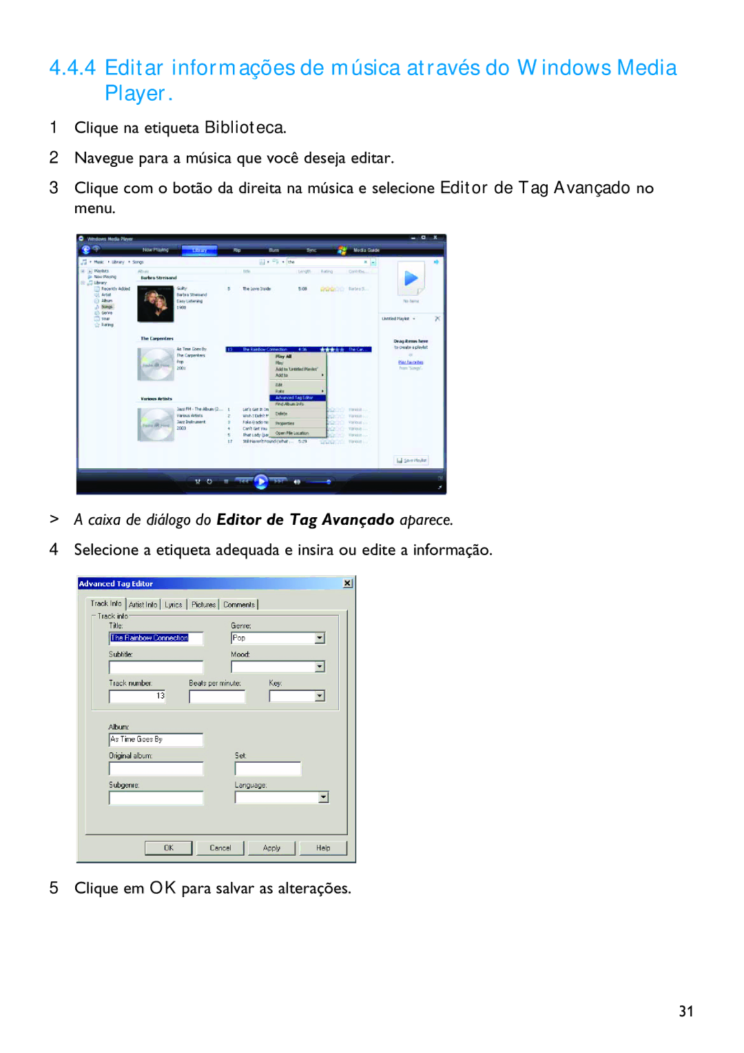 Philips SA4315, SA4345, SA4340, SA4320, SA4325 manual Editar informações de música através do Windows Media Player 