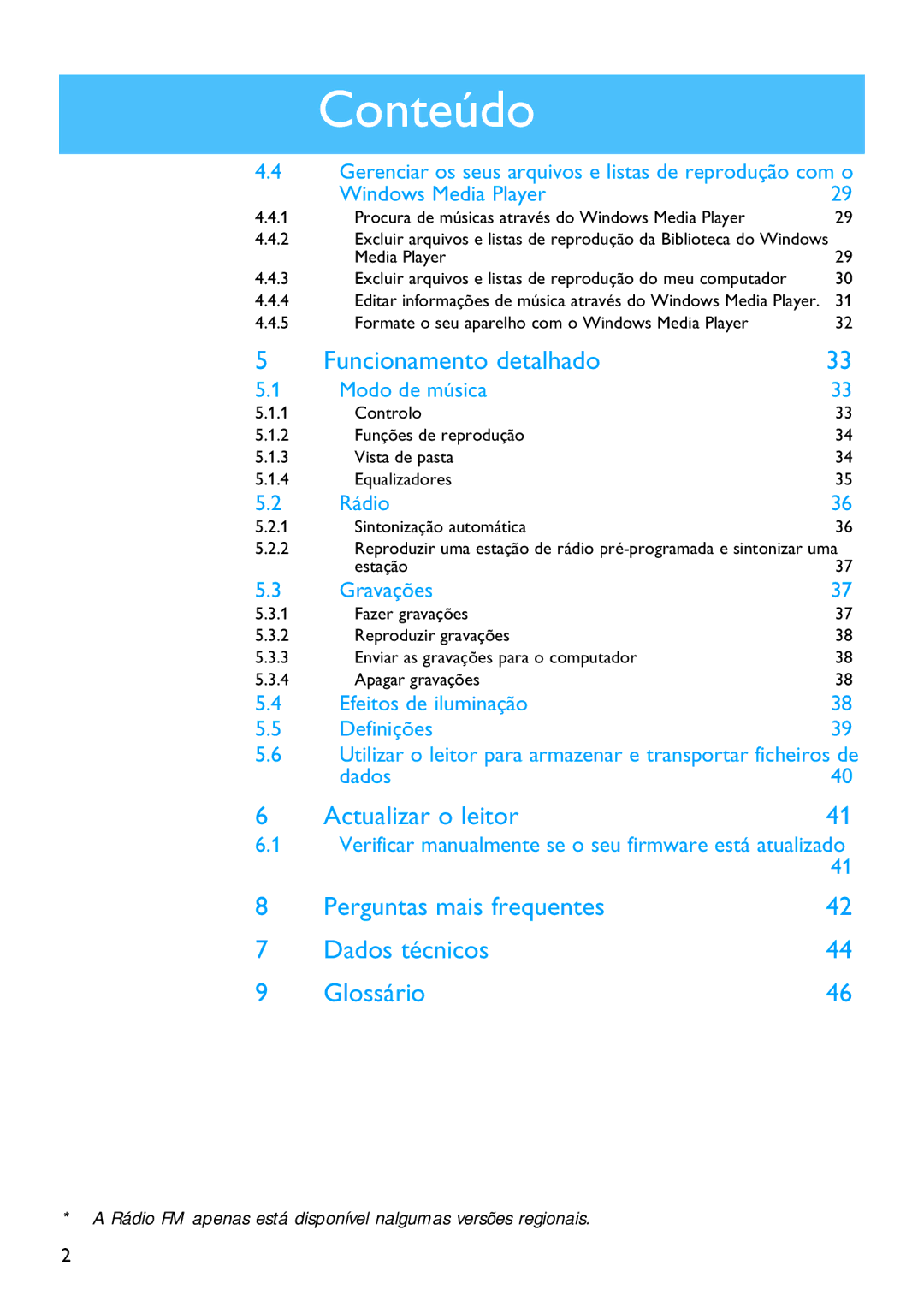 Philips SA4325, SA4345, SA4340, SA4320, SA4315 manual Actualizar o leitor 