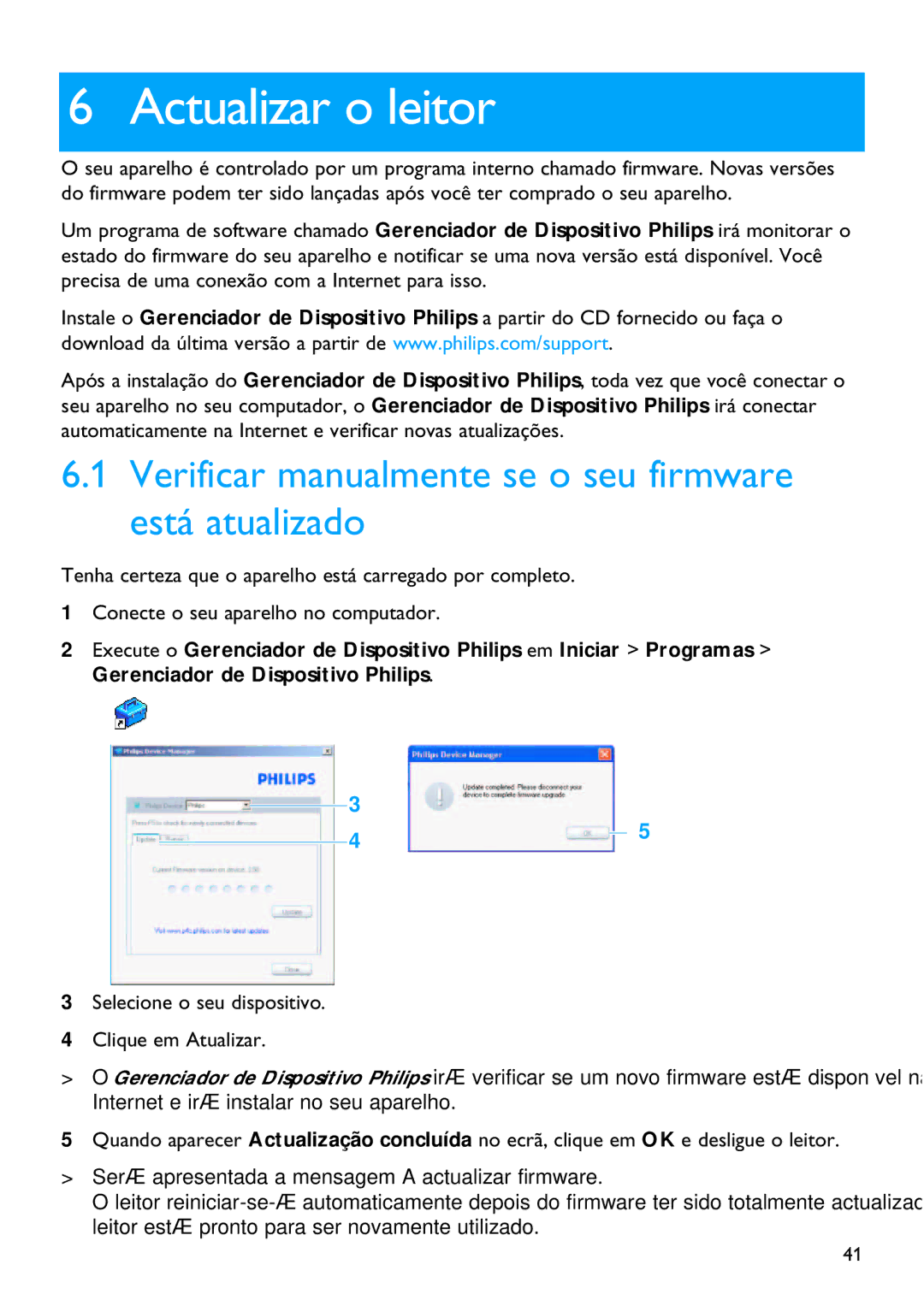 Philips SA4315, SA4345, SA4340, SA4320, SA4325 Actualizar o leitor, Verificar manualmente se o seu firmware está atualizado 