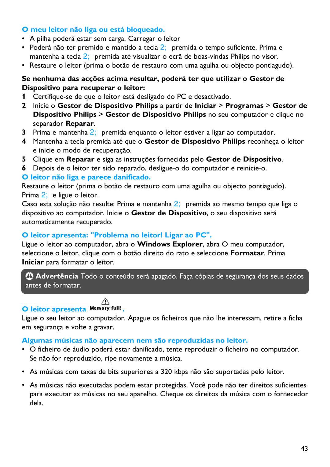 Philips SA4345, SA4340, SA4320 manual Meu leitor não liga ou está bloqueado, Pilha poderá estar sem carga. Carregar o leitor 