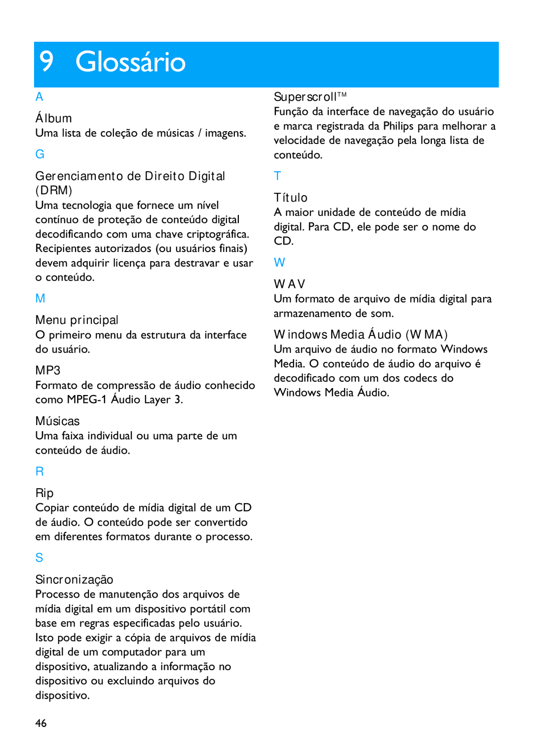 Philips SA4315, SA4345, SA4340, SA4320, SA4325 manual Glossário, Primeiro menu da estrutura da interface do usuário 