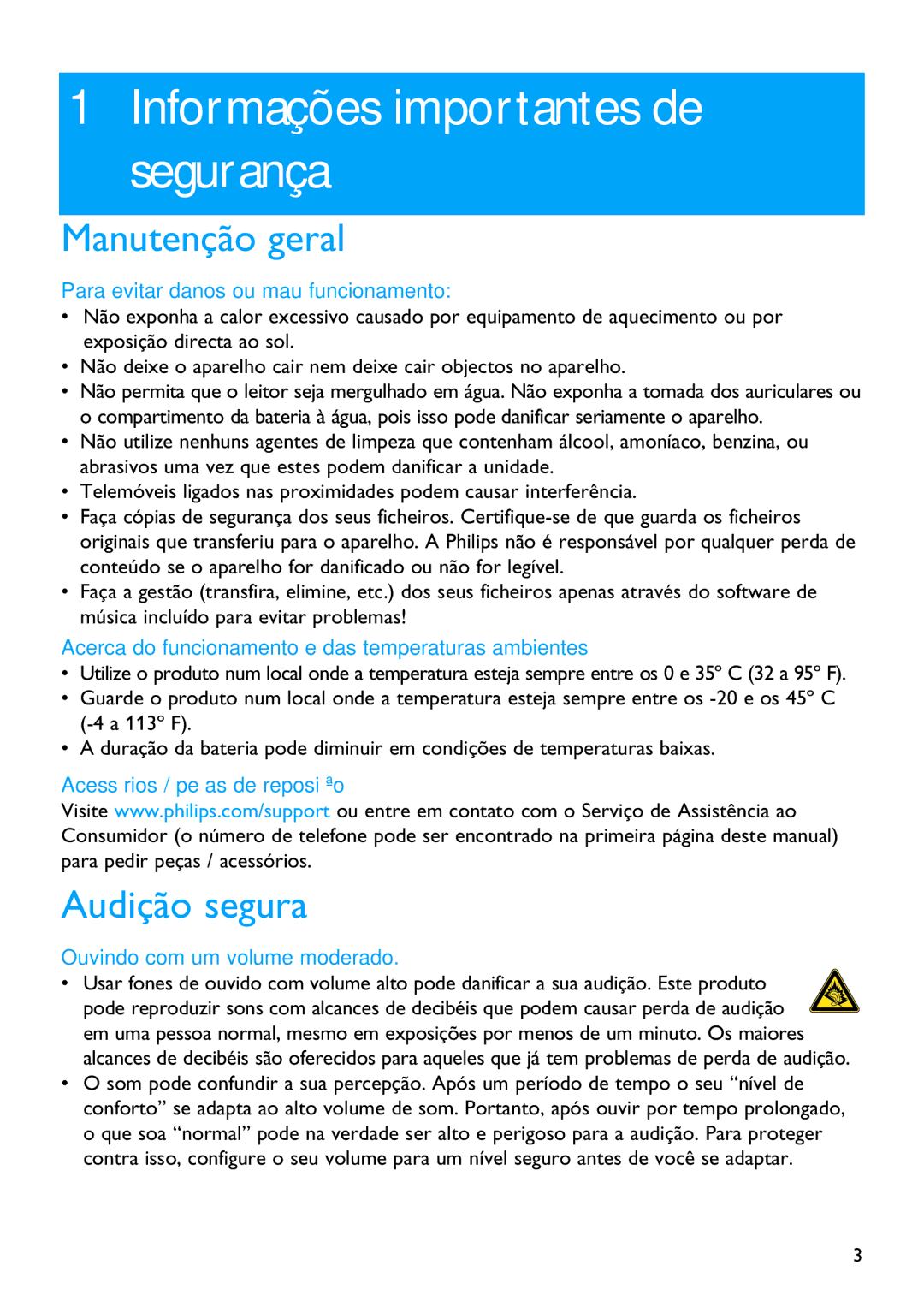 Philips SA4345, SA4340, SA4320, SA4315, SA4325 manual Informações importantes de segurança, Manutenção geral, Audição segura 