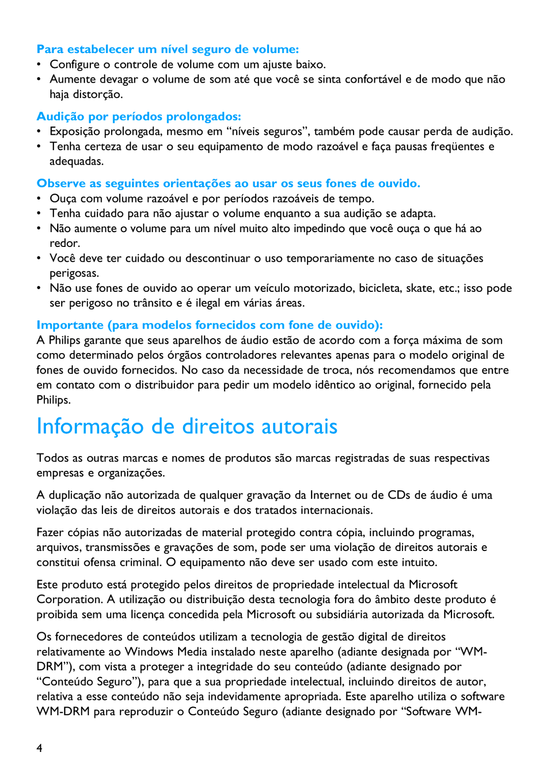 Philips SA4340, SA4345, SA4320, SA4315, SA4325 Informação de direitos autorais, Para estabelecer um nível seguro de volume 