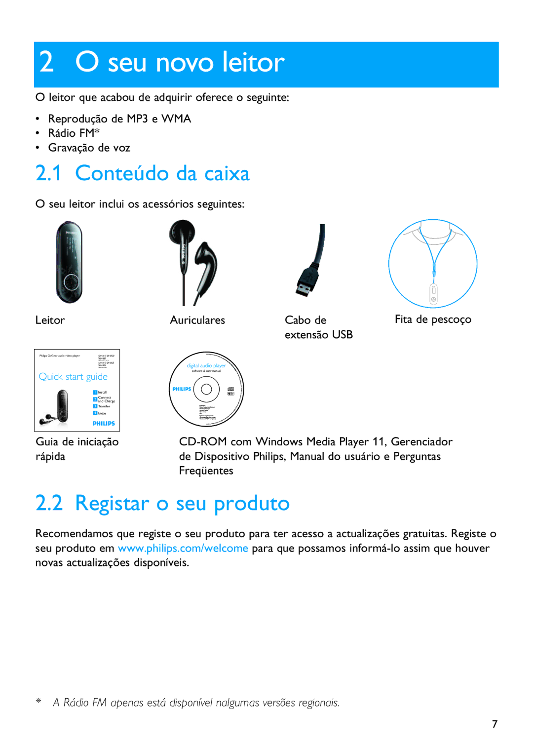 Philips SA4325, SA4345, SA4340, SA4320, SA4315 manual Seu novo leitor, Conteúdo da caixa, Registar o seu produto 