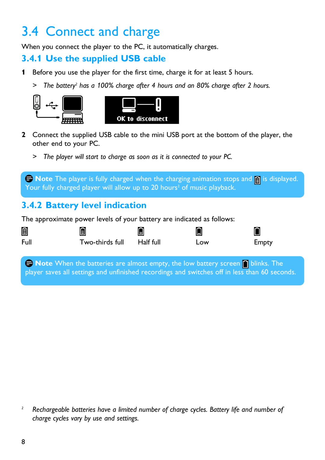 Philips SA4428 manual Connect and charge, Use the supplied USB cable, Battery level indication 