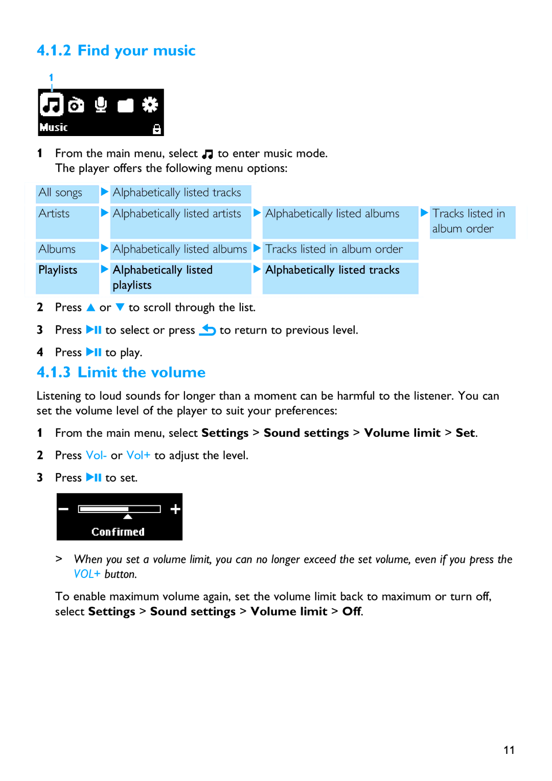 Philips SA4428 manual Find your music, Limit the volume 