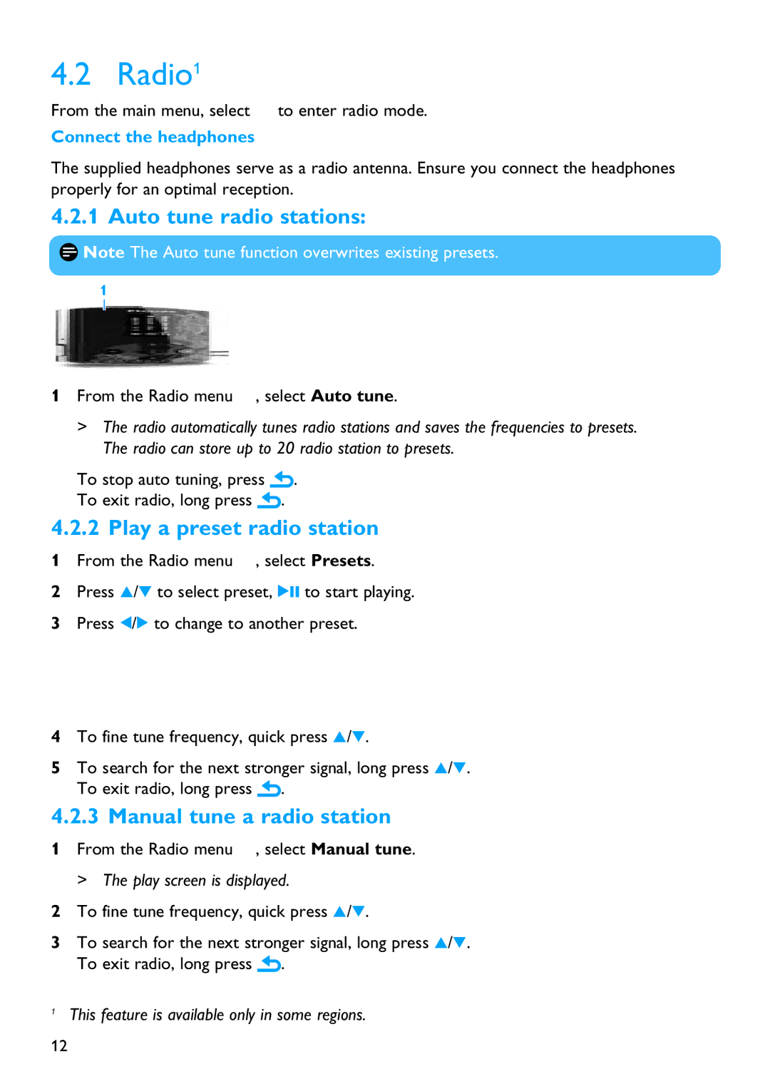 Philips SA4428 manual Radio1, Auto tune radio stations, Play a preset radio station, Manual tune a radio station 