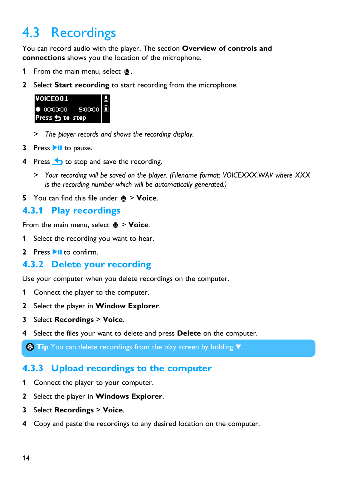 Philips SA4428 manual Recordings, Play recordings, Delete your recording, Upload recordings to the computer 