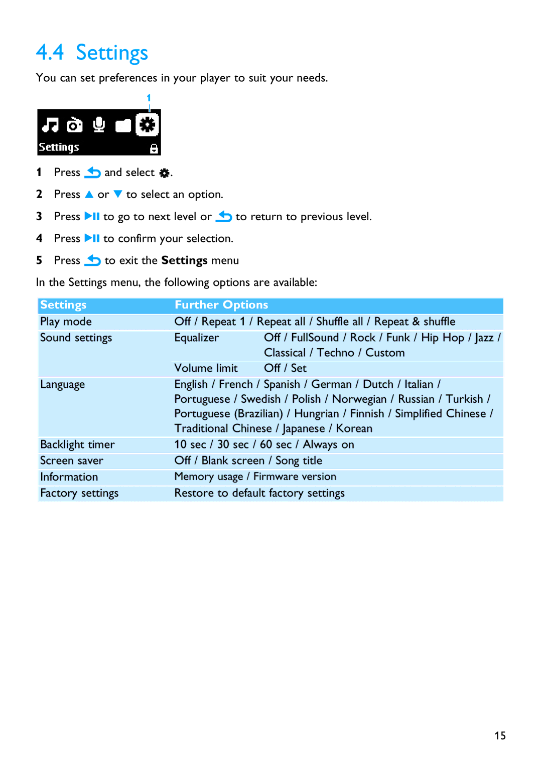 Philips SA4428 manual Settings 