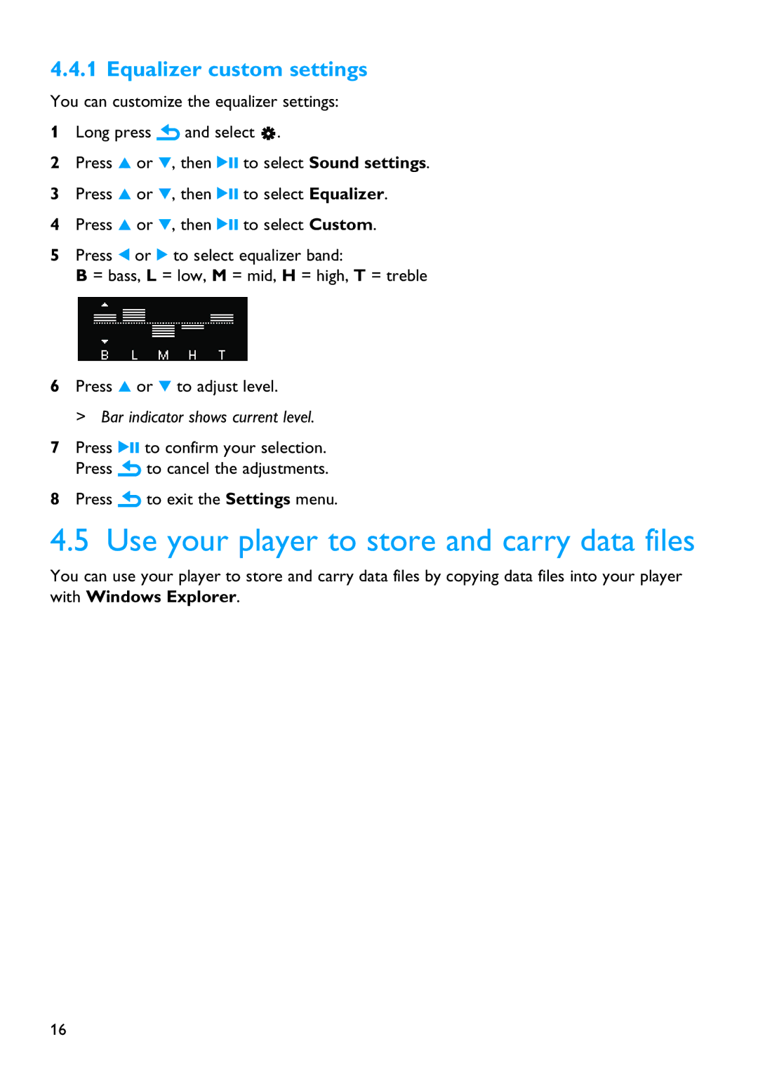 Philips SA4428 Use your player to store and carry data files, Equalizer custom settings, Bar indicator shows current level 