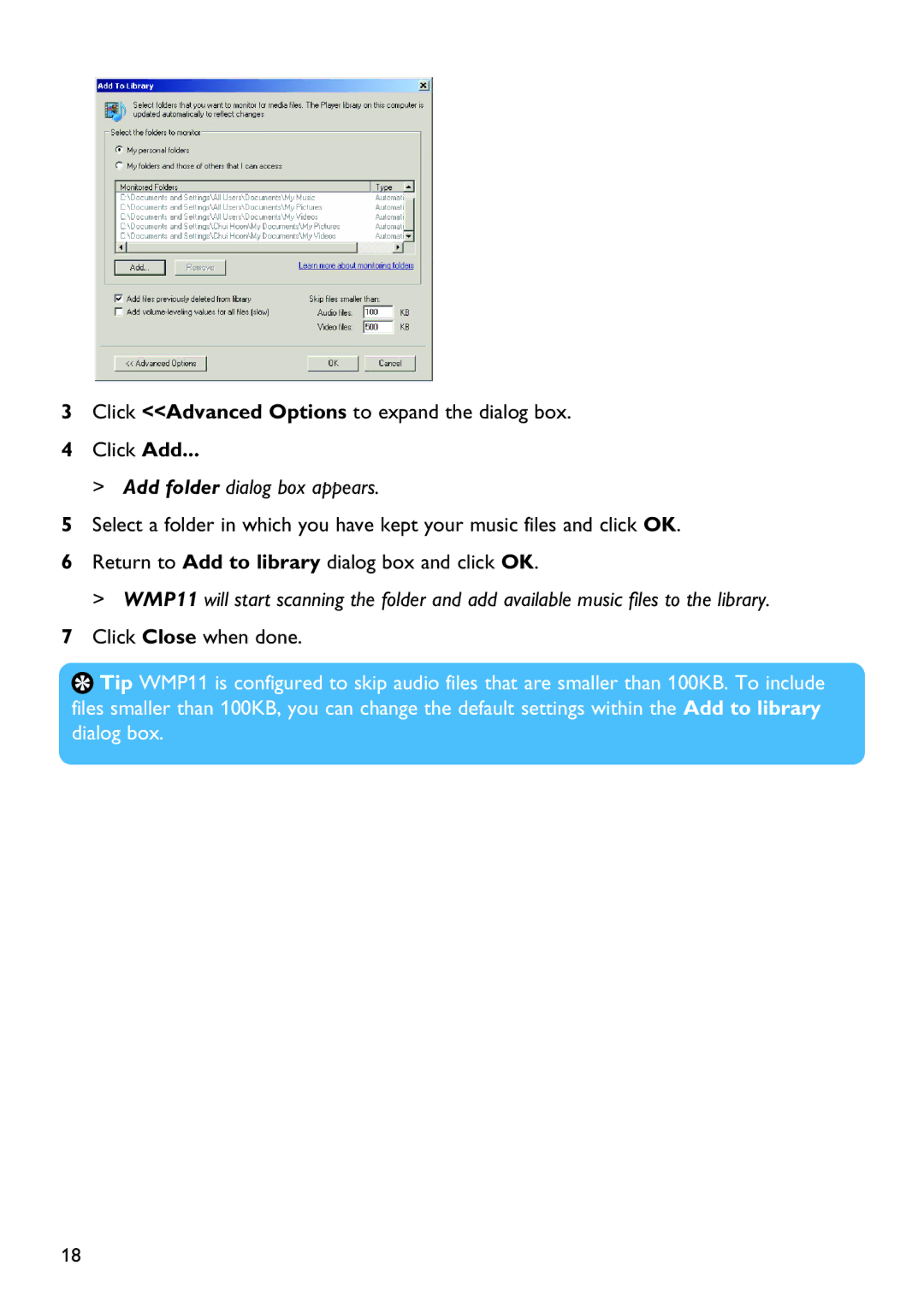 Philips SA4428 manual Click Advanced Options to expand the dialog box Click Add, Add folder dialog box appears 