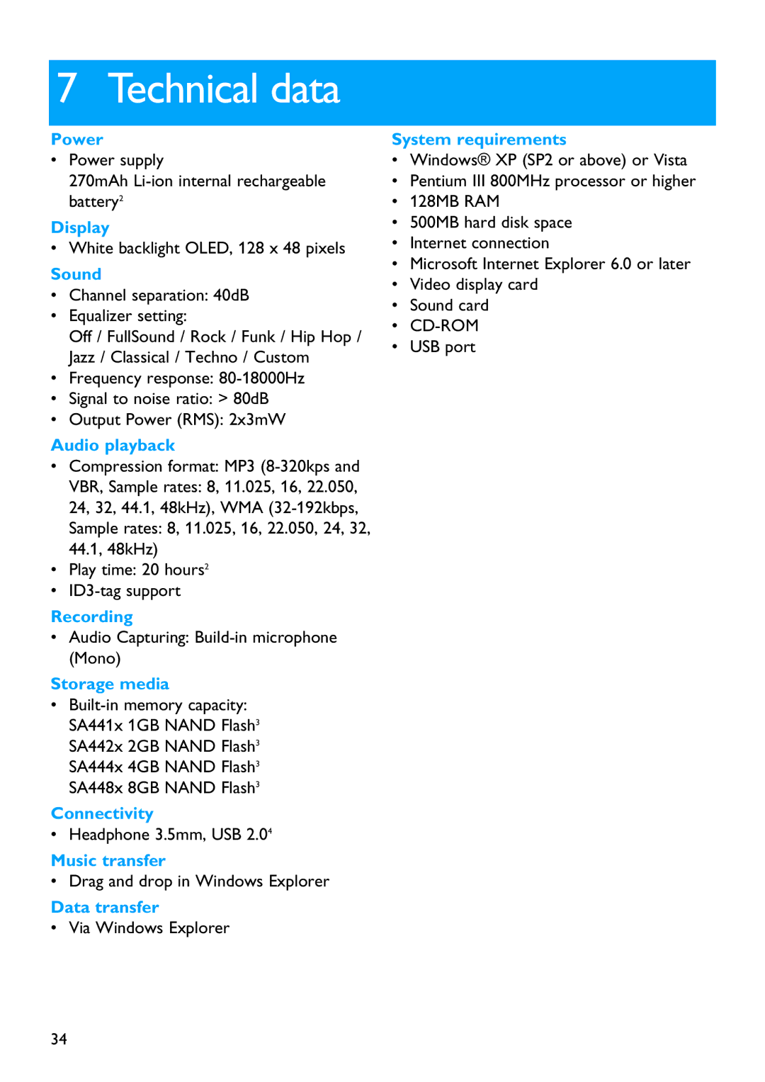 Philips SA4428 manual Technical data 