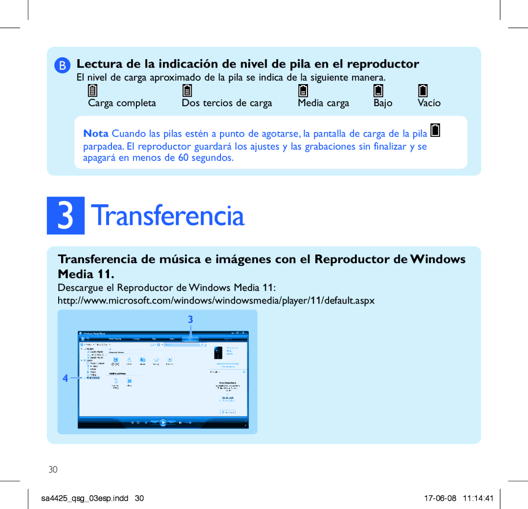 Philips SA4440, SA4480, SA4421, SA4447, SA4420 Transferencia, Lectura de la indicación de nivel de pila en el reproductor 