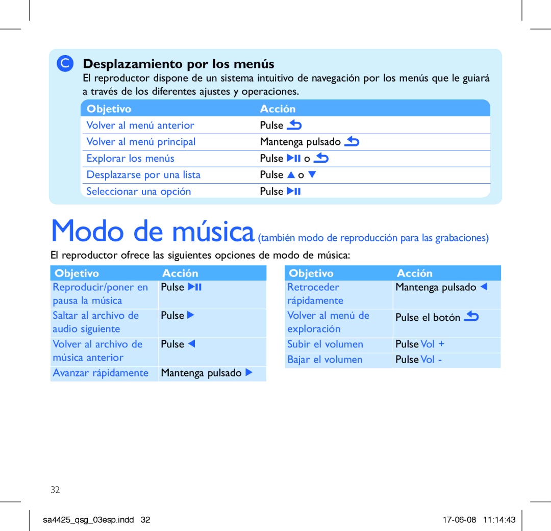 Philips SA4447, SA4480, SA4440, SA4421, SA4420, SA4441, SA4411, SA4410, SA4427 manual Desplazamiento por los menús, Objetivo Acción 